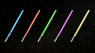 Blue, red, green, pink and yellow lightsabers in Star Wars