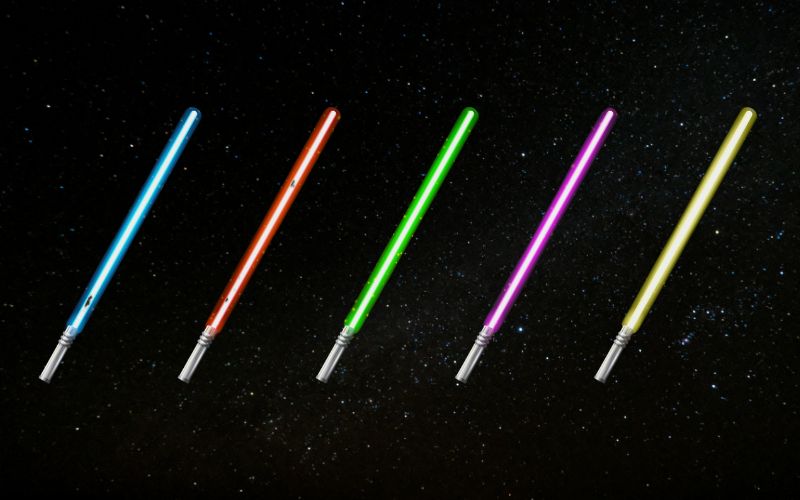 Blue, red, green, pink and yellow lightsabers in Star Wars