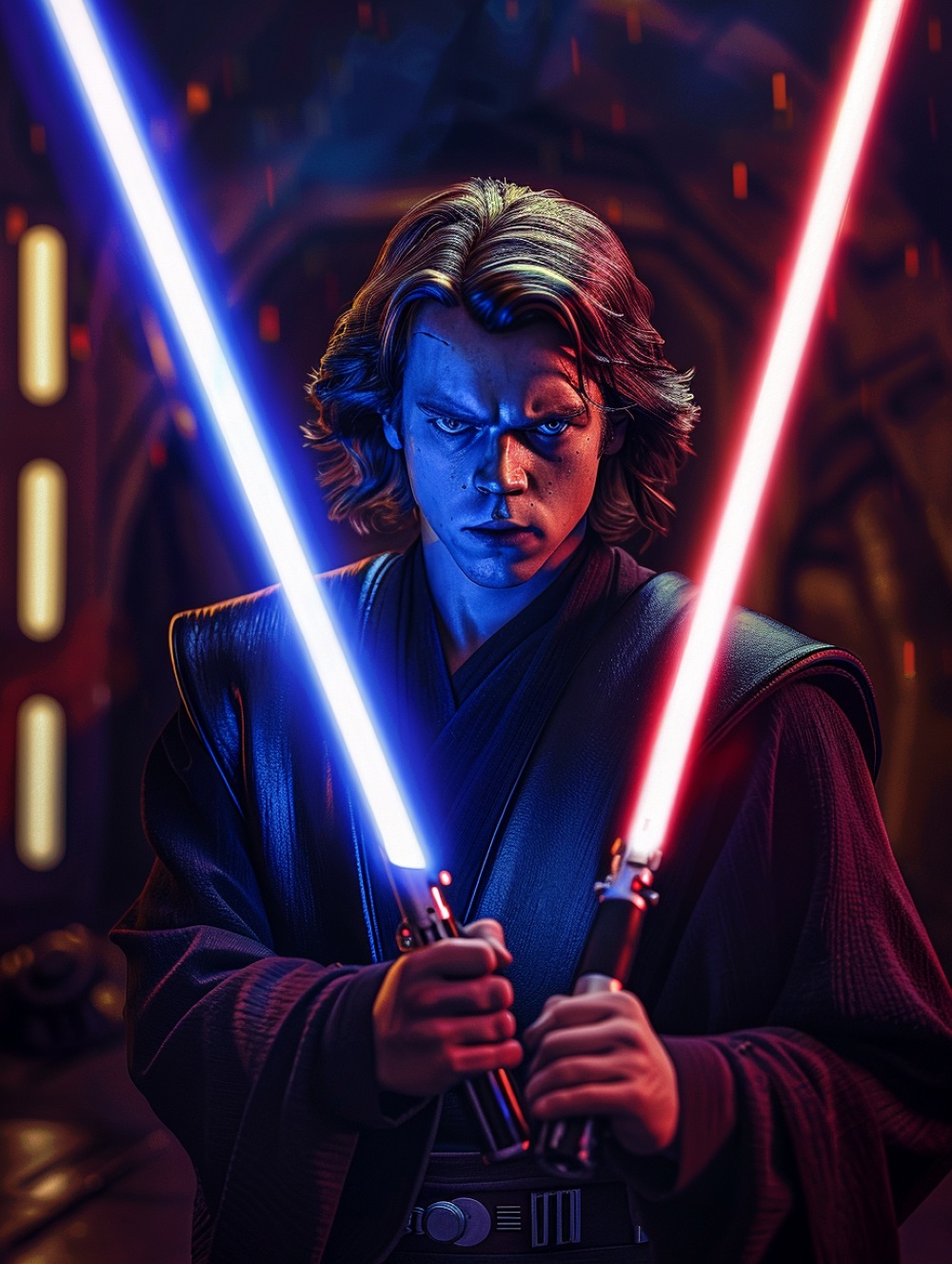 Anakin is holding a blue lightsaber and a red lightsaber