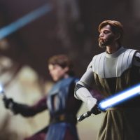 Jedi General Obi Wan Kenobi and Anakin Skywalker with lightsabers in battle