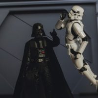 Star Wars Sith lord Darth Vader force choking a disobedient Stormtrooper