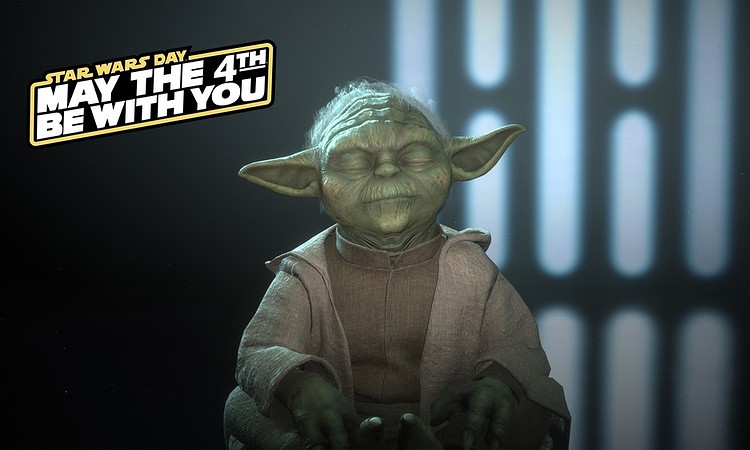 Yoda meditating with May the 4th be with you logo