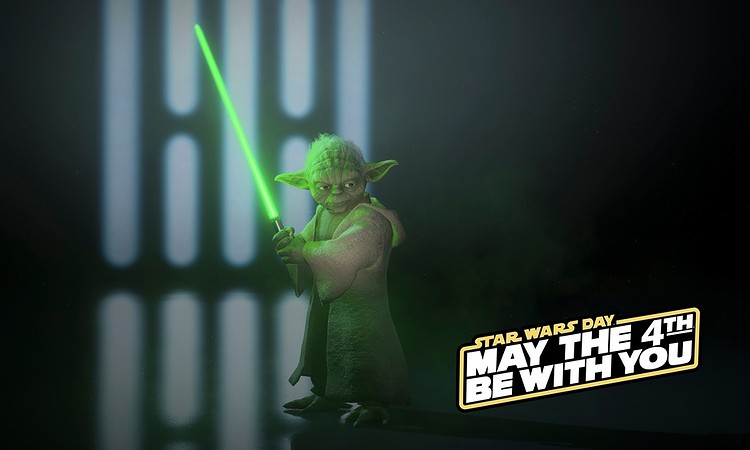 Yoda with May the 4th be with you logo