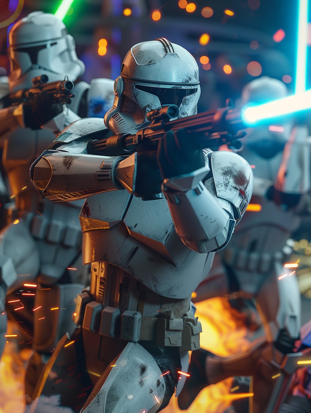 a legion of Clonetroopers are firing blasters