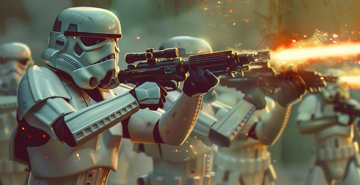 a legion of Stormtroopers are firing blasters