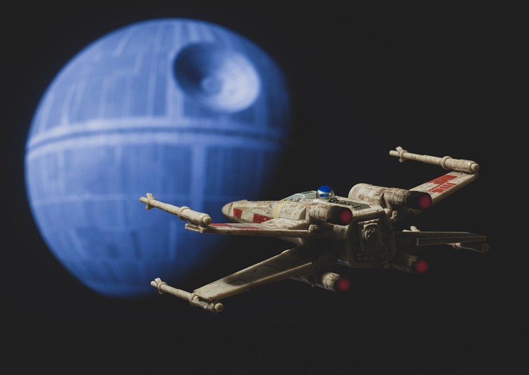 Rebel X Wing fighter approaching the Death Star