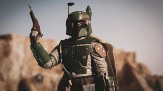 bounty hunter Boba Fett on Tatooine with the blaster in his hand