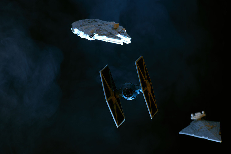 Starwars star destroyer together with tie fighter and millennium falcon