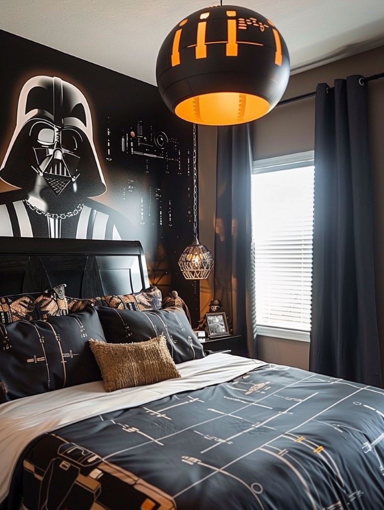 Bedroom decorated with Darth Vader painting