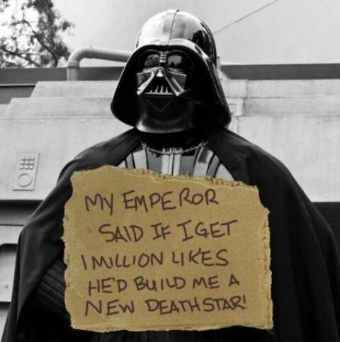 Darth Vader asking for likes to build a new Death Star