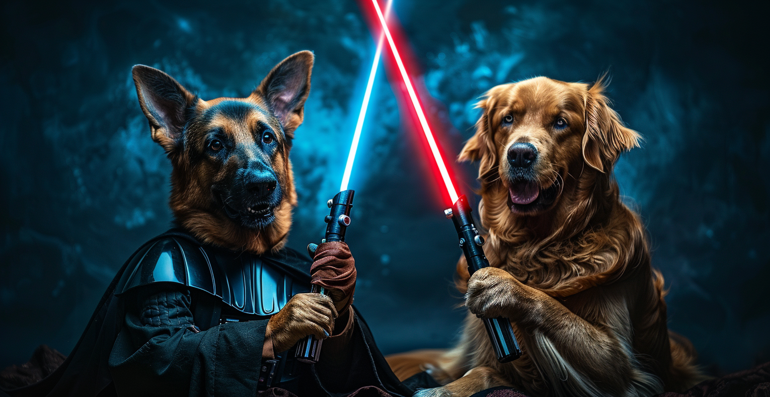Dogs fighting with lightsabers