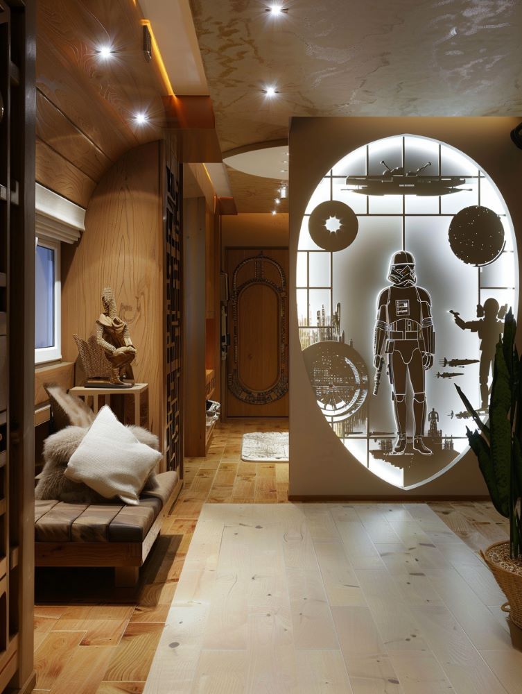 Hallway decorate with Star Wars painting backlight