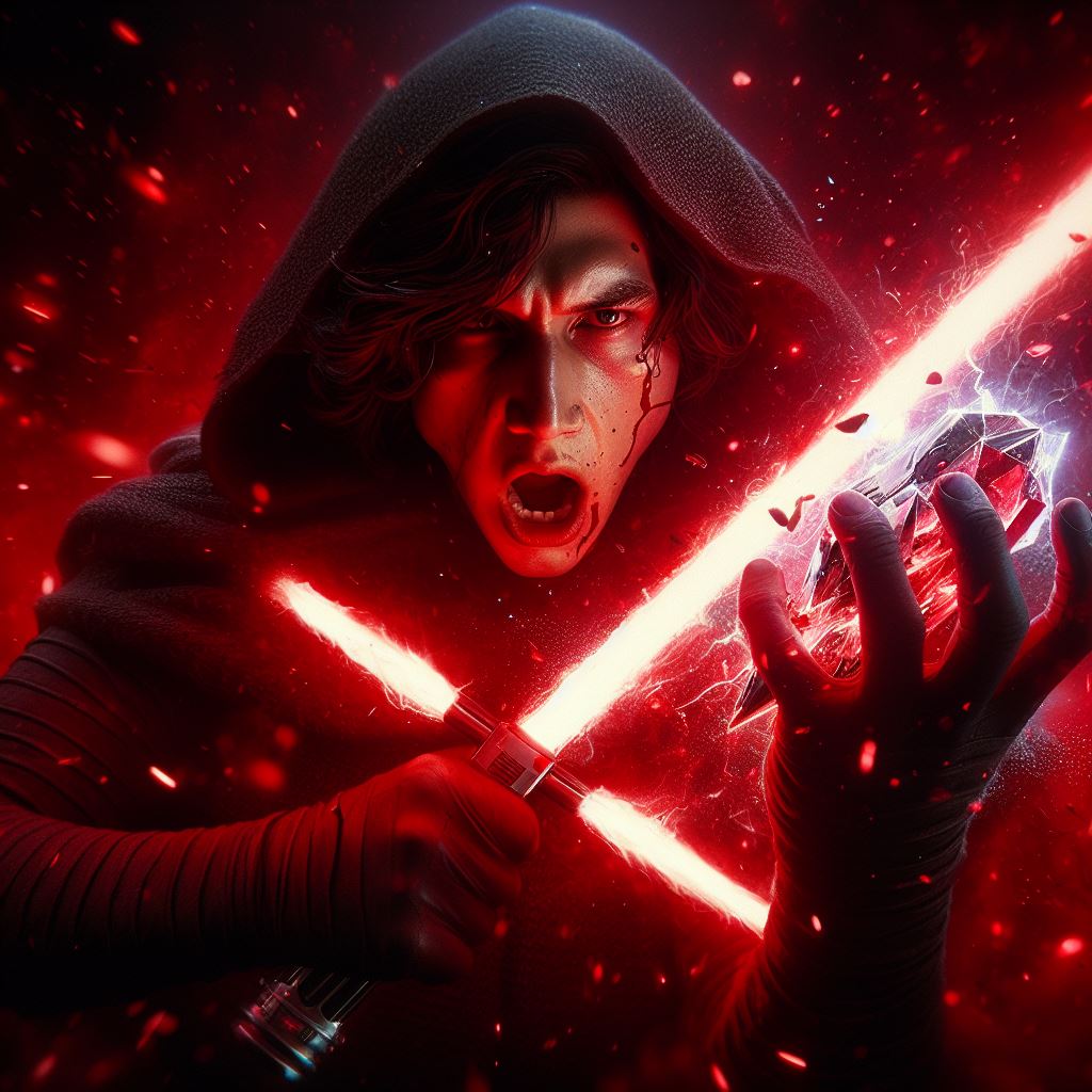Kylo Ren and his lightsaber with the crystal on the other hand