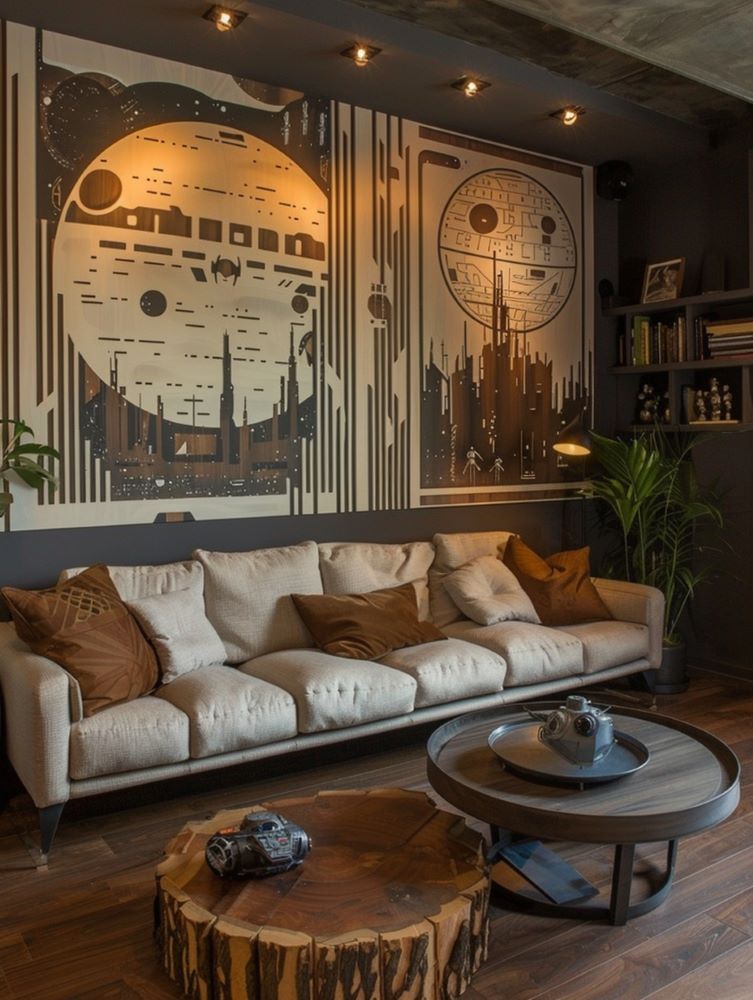 Living room using Star Wars painting of a Death Star
