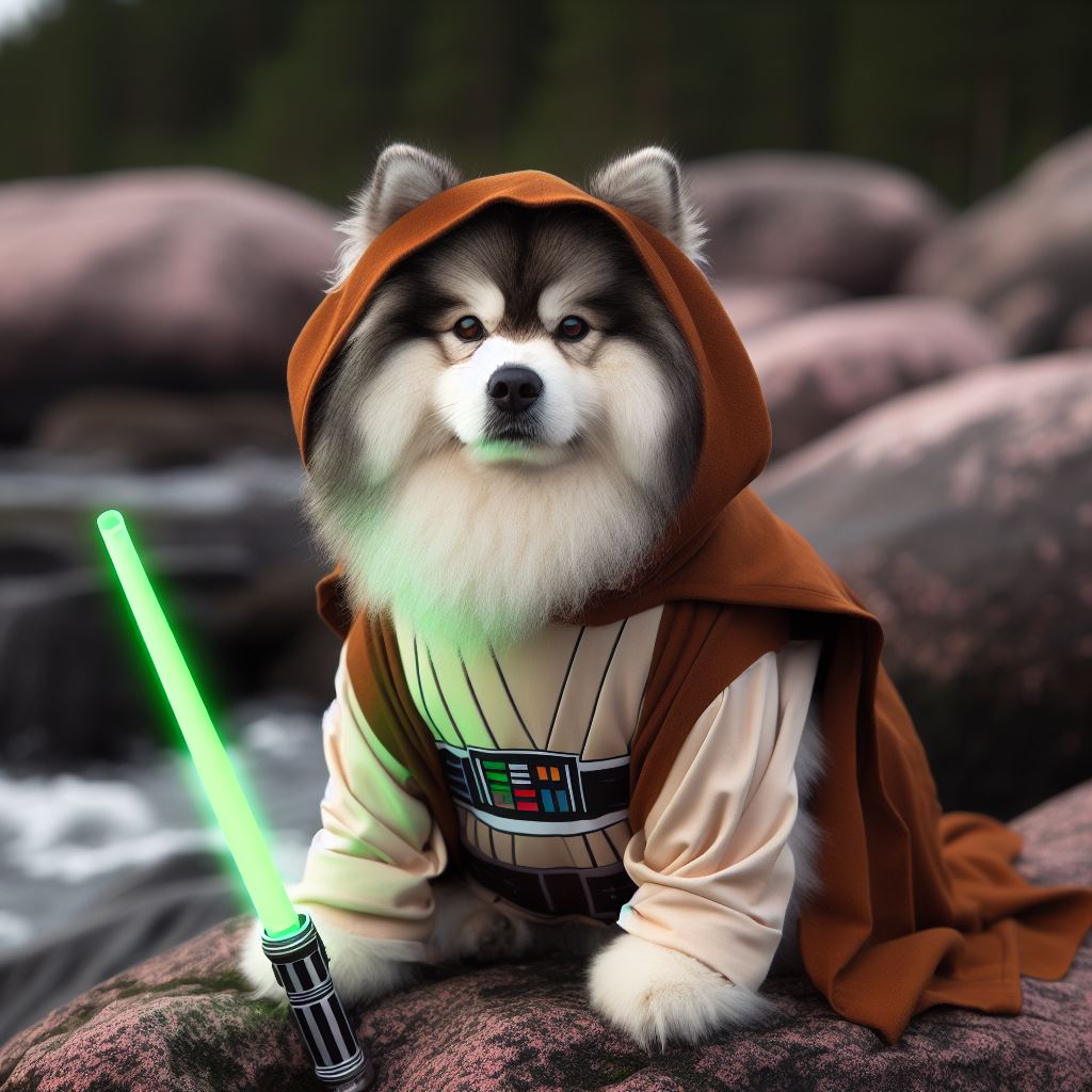 Luke Skywalker dog version with a lightsaber