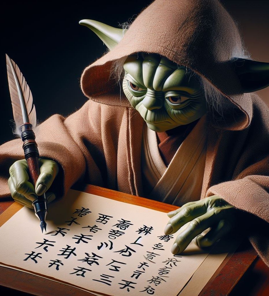 Master Yoda is writing in Japanese