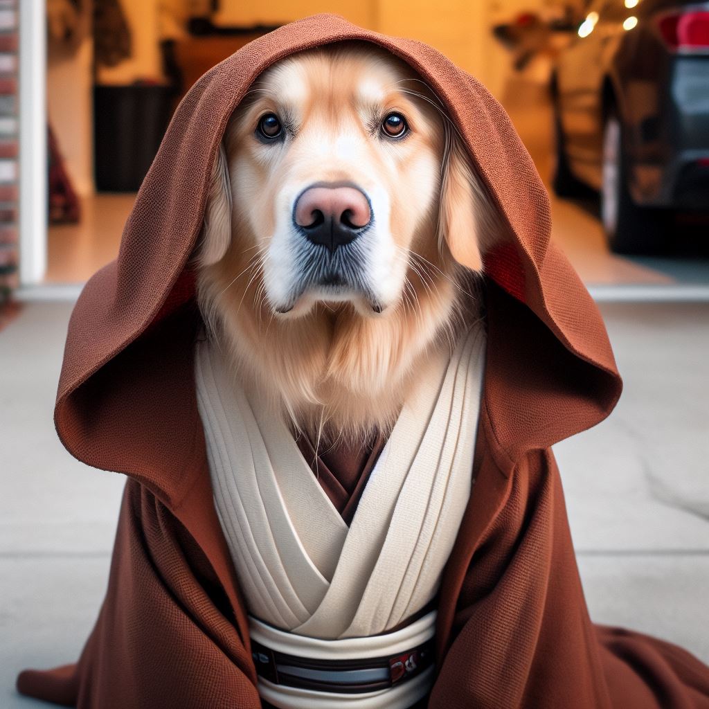 Obi-Wan Kenobi dog version with Jedi robe