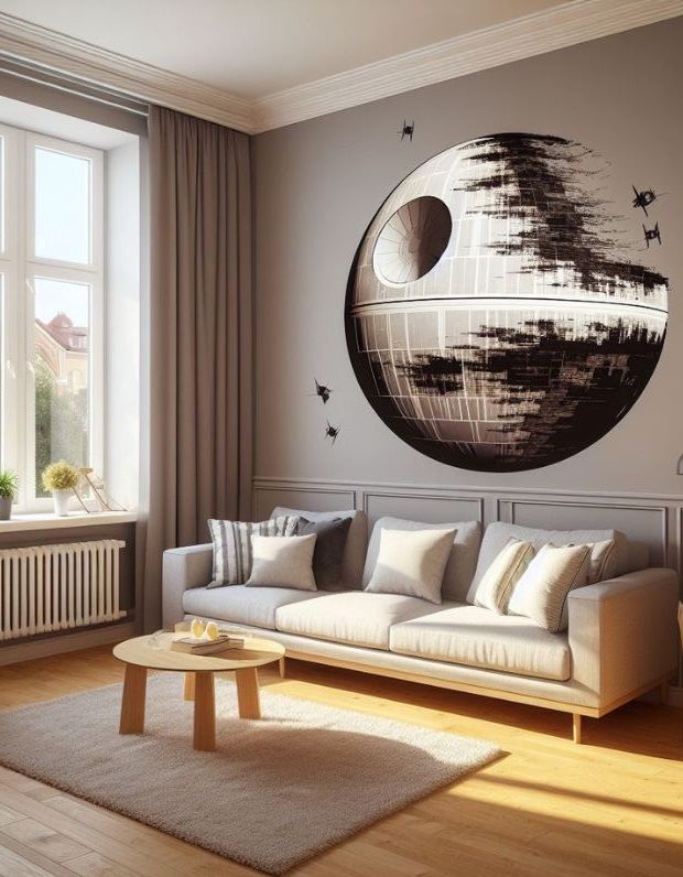 Living room featuring a Death Star wall sticker.