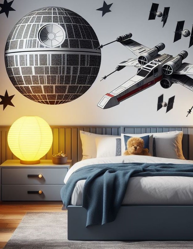 The bedroom wall is decorated with Death Star and X-Wing stickers.