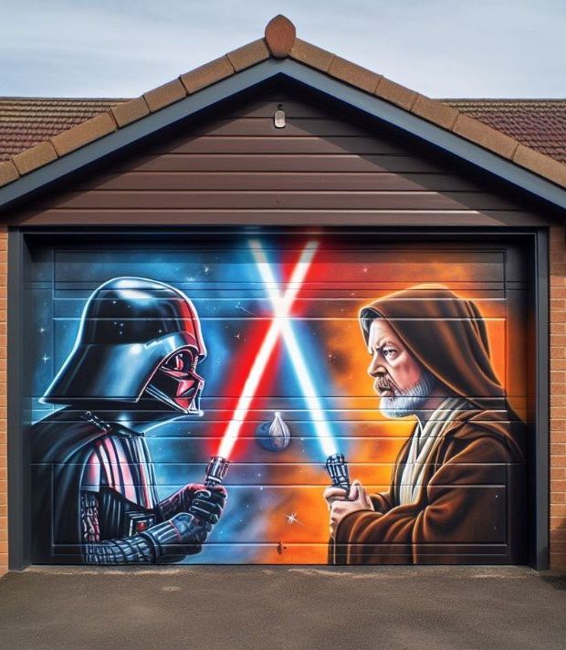 Darth Vader vs Obi-Wan on the garage door