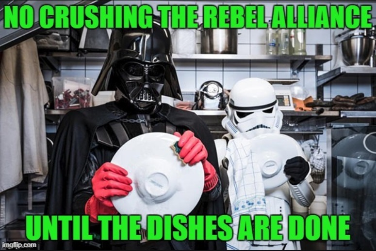 Vader and a clone troop washing the dishes
