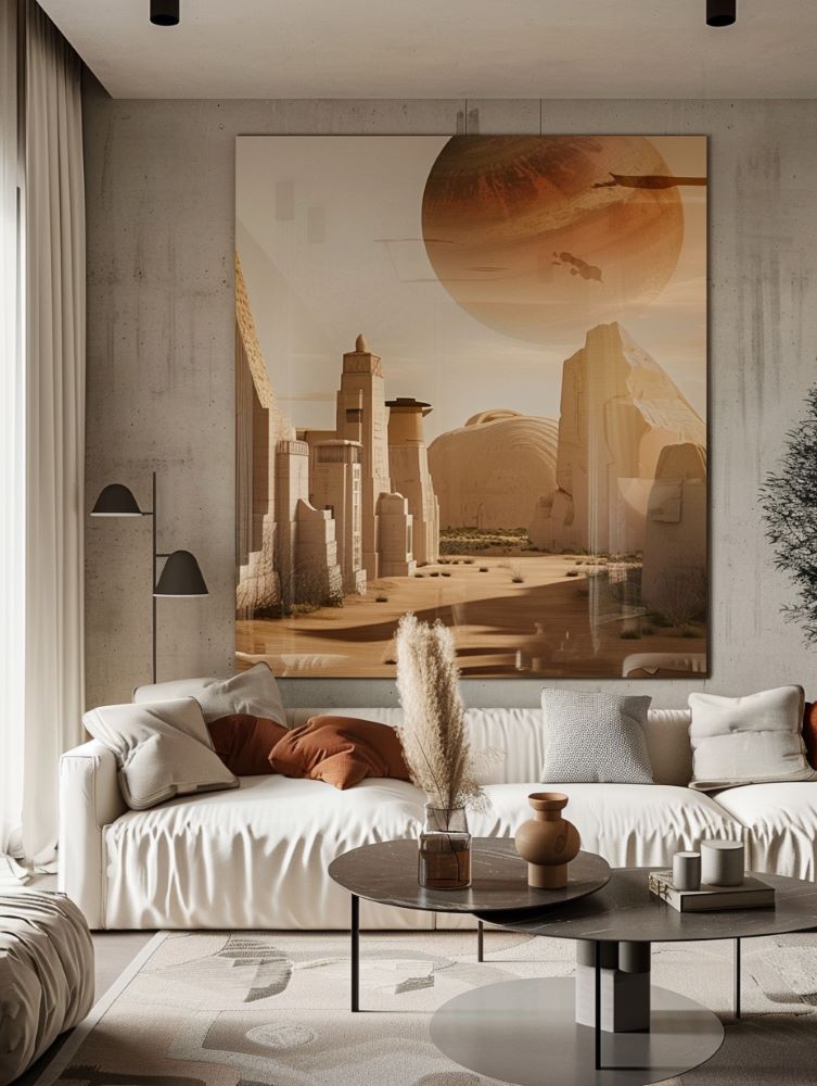 White living room with Star Wars painting