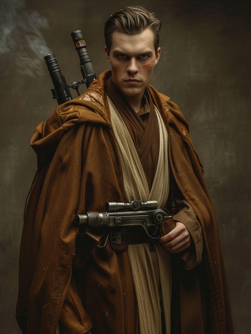 A jedi is holding blasters