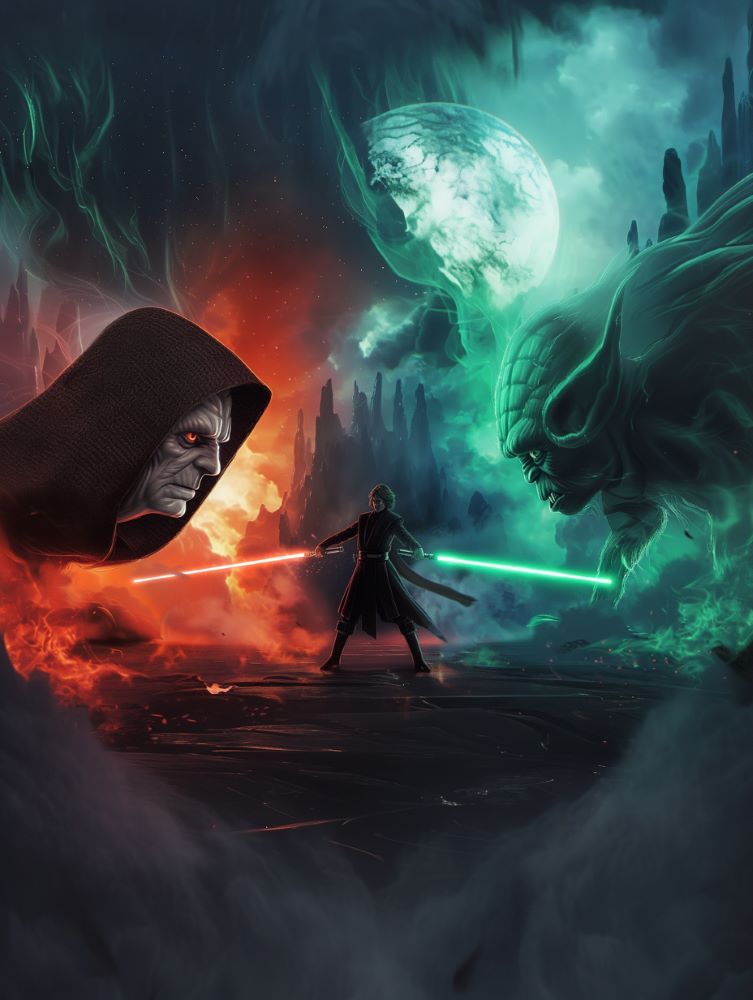 Palpatine and Yoda facing Anakin