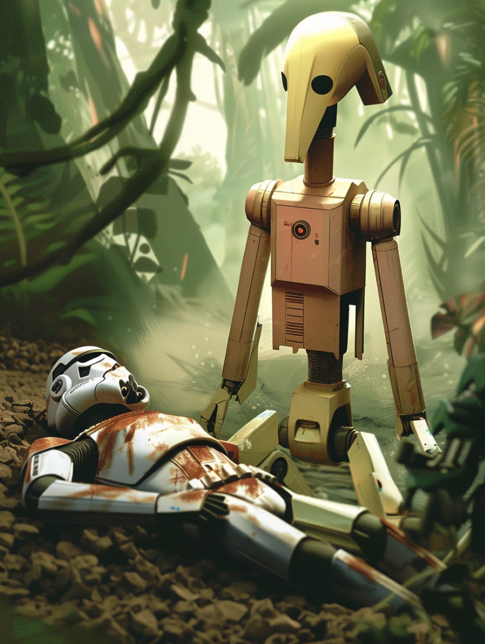 a battle droid is treating an injured clone trooper
