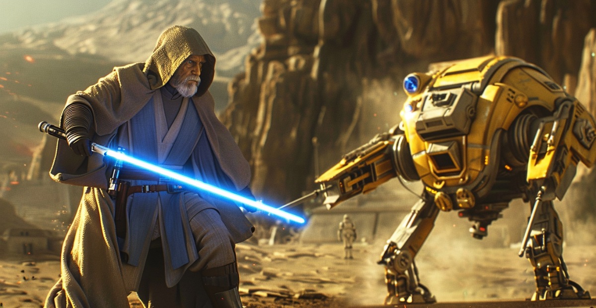 A Jedi vs. Gold Battle Droids