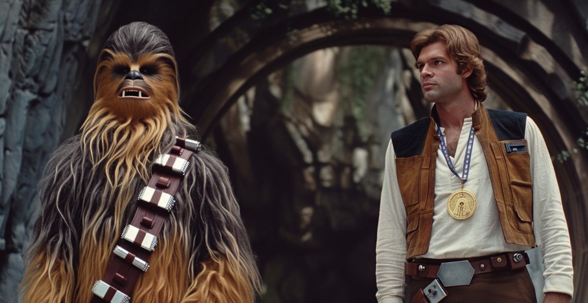 Chewbacca is standing next to Han Solo