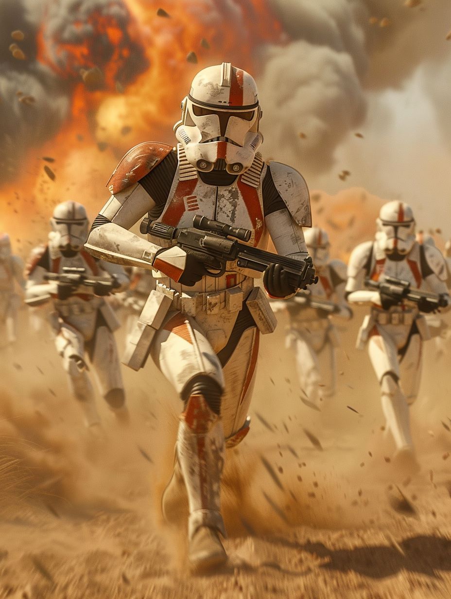 Clone Troopers running on the battlefield