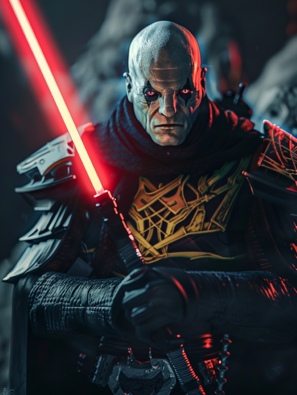 Darth Bane is holding his red lightsaber