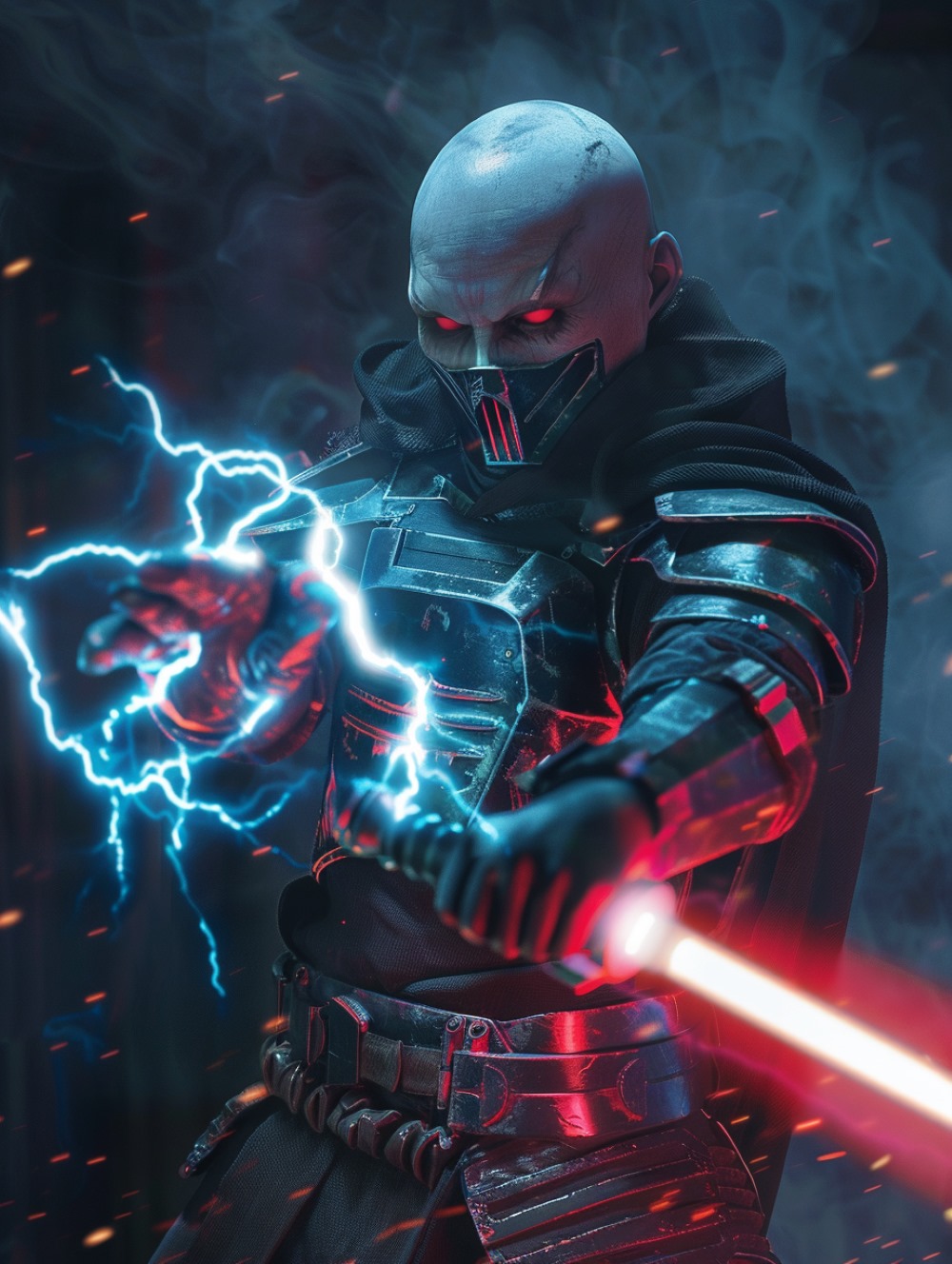 Darth Malgus is releasing Force Lightning with his hand