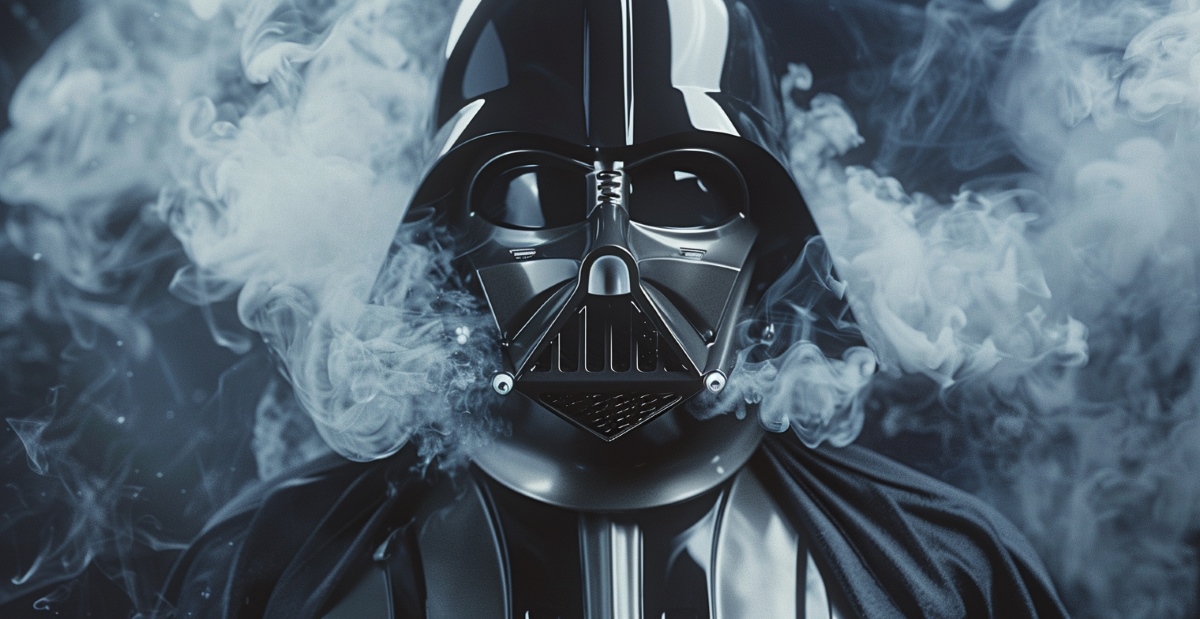 Darth Vader is in a mid-smoke