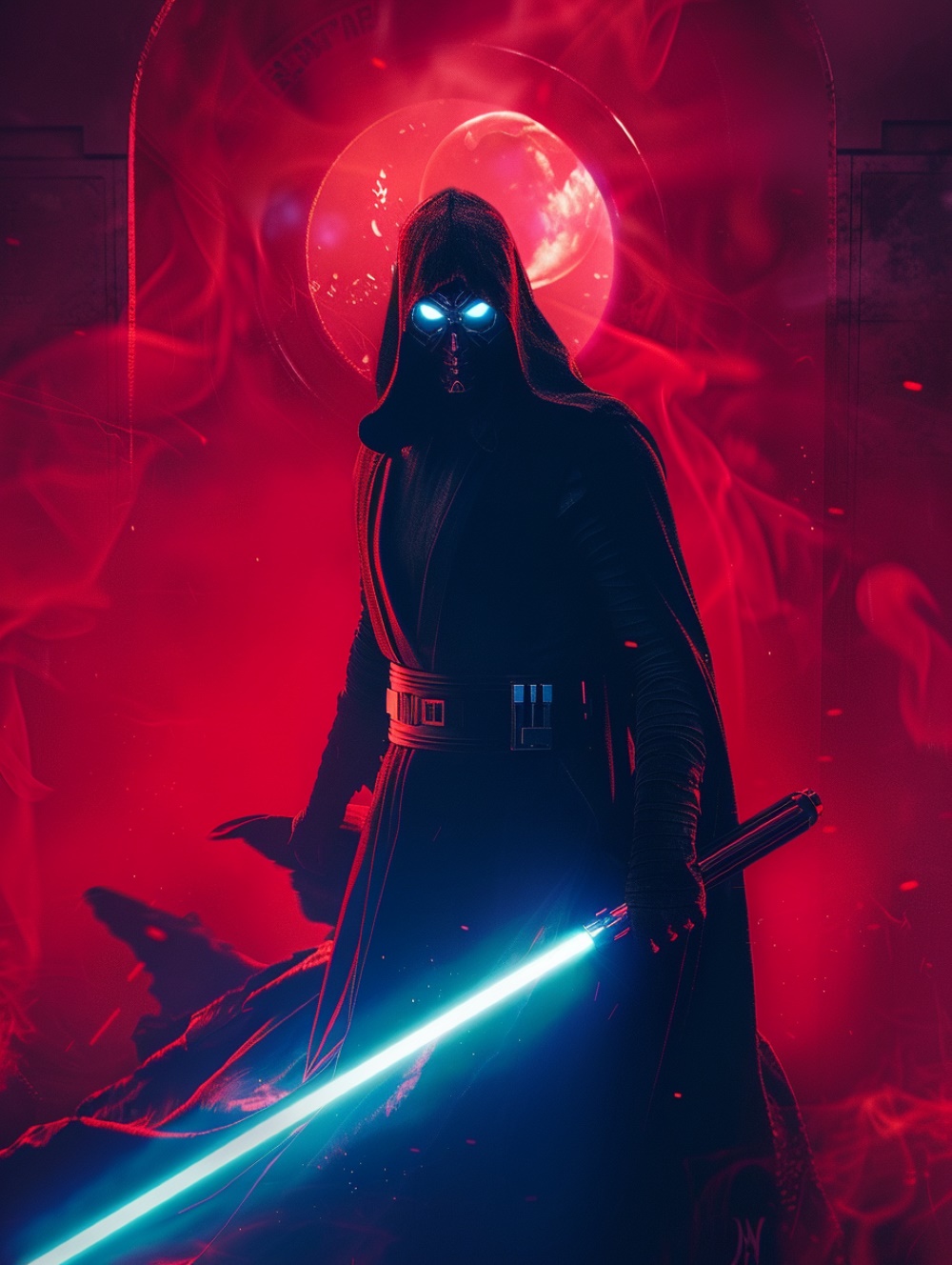 Darth Vectivus is holding a blue lightsaber