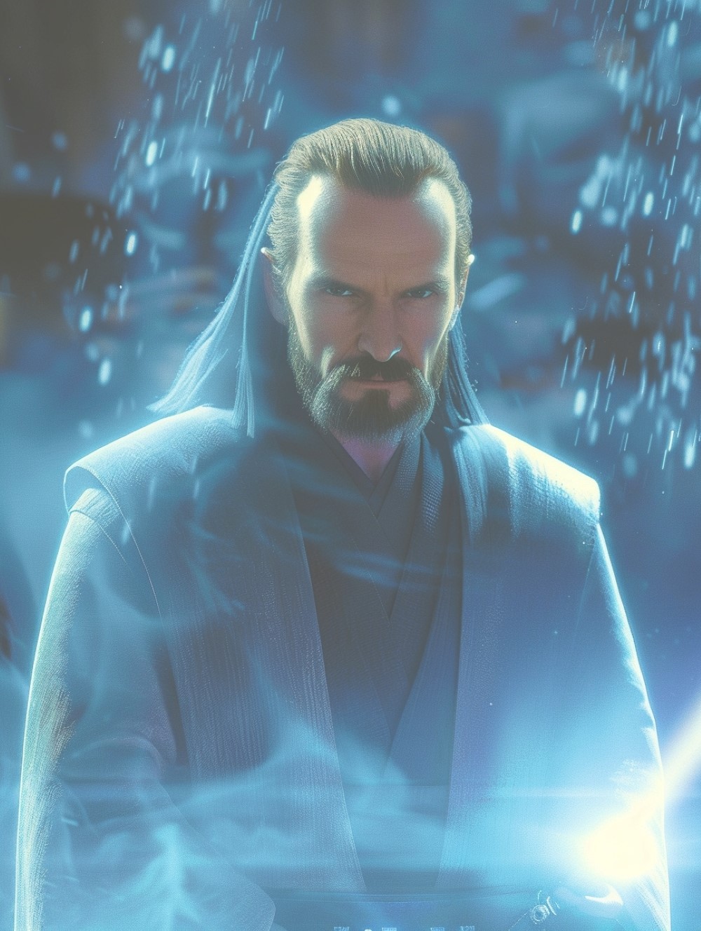 Force Ghost Qui-Gon with a determined look