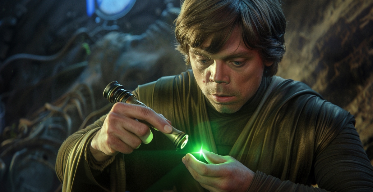 Luke Skywalker is putting a green kyper crystal into his lightsaber's hilt