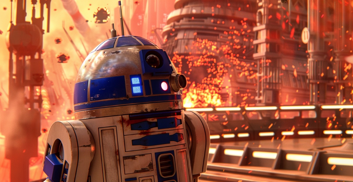 R2-D2 is in front of a destroying base