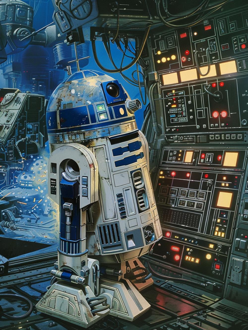 R2-D2 is standing next to a control board