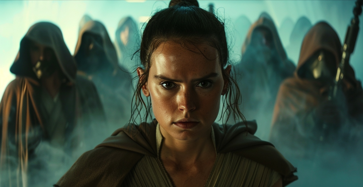 Rey and some mysterious Jedi Masters on her back