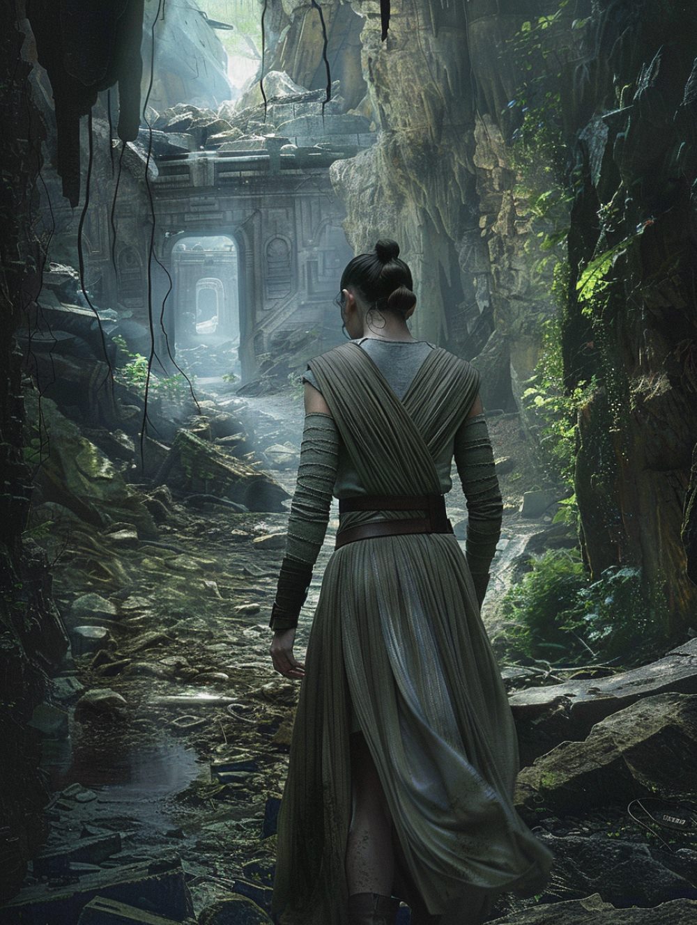 Rey is exploring a Jedi temple remnant