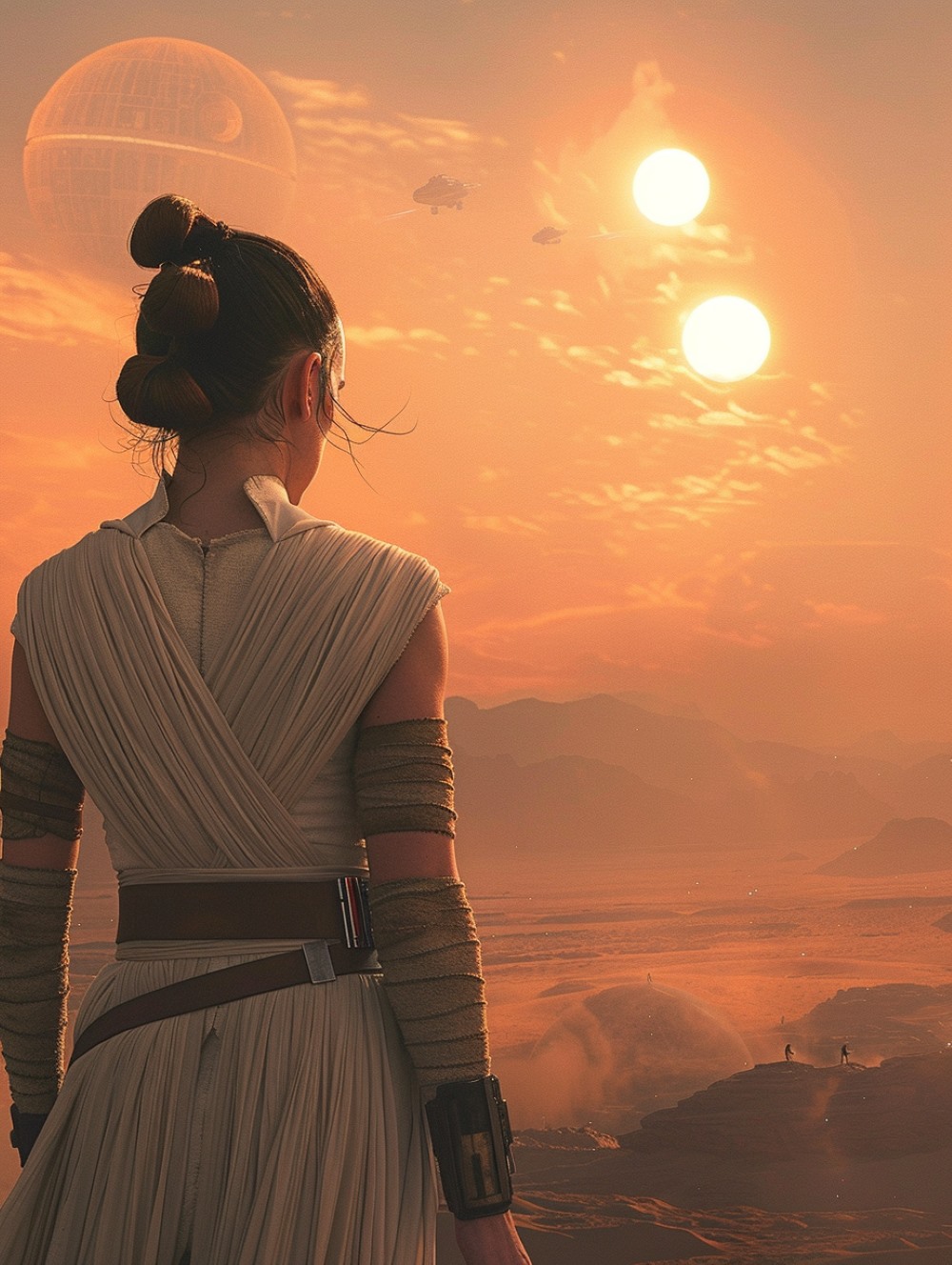 Rey is looking at a sunset landscape
