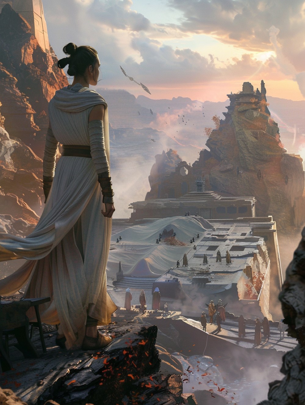 Rey is standing before a temple at a distance