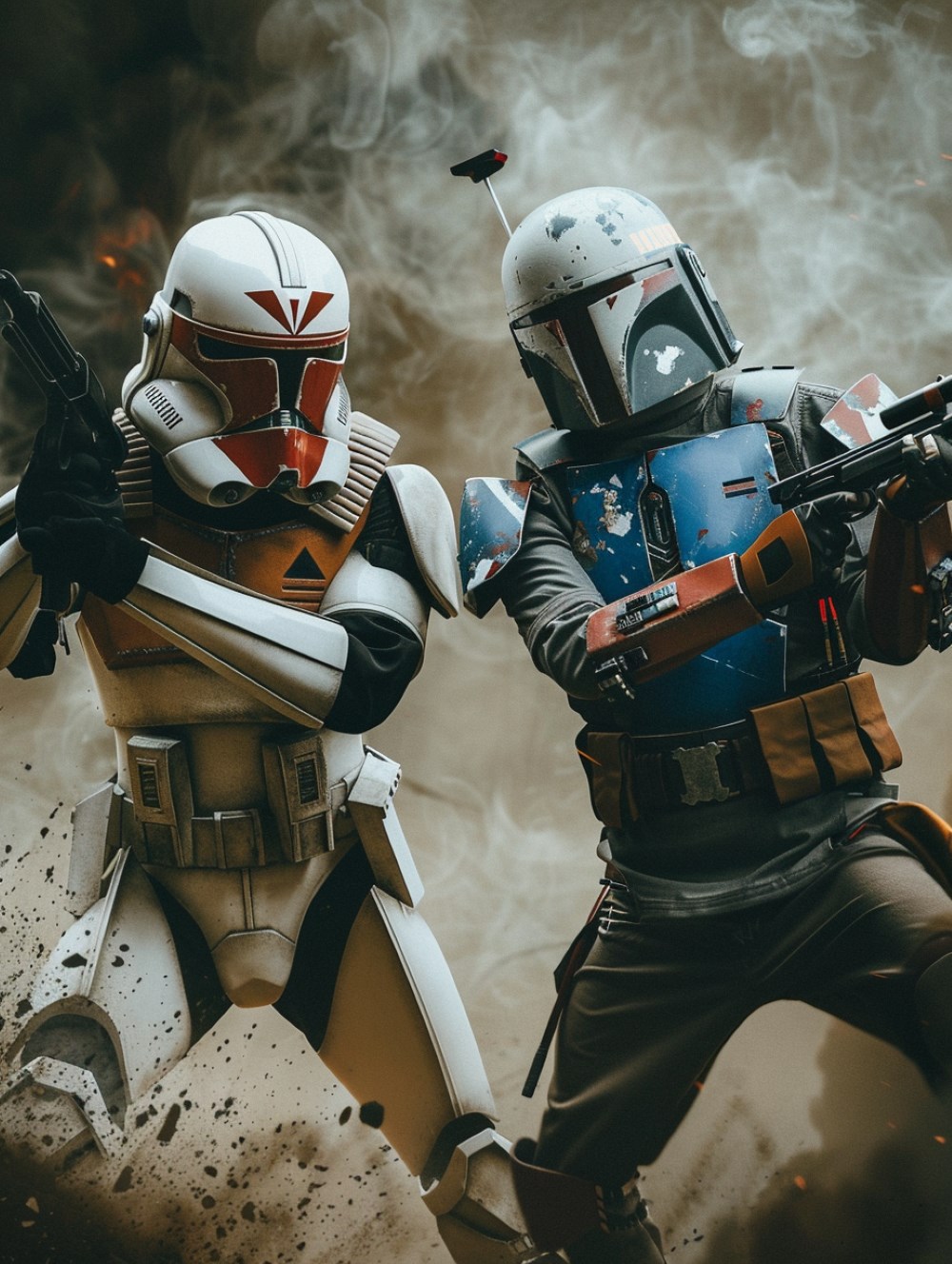 a Mandalorian is fighting a clone trooper