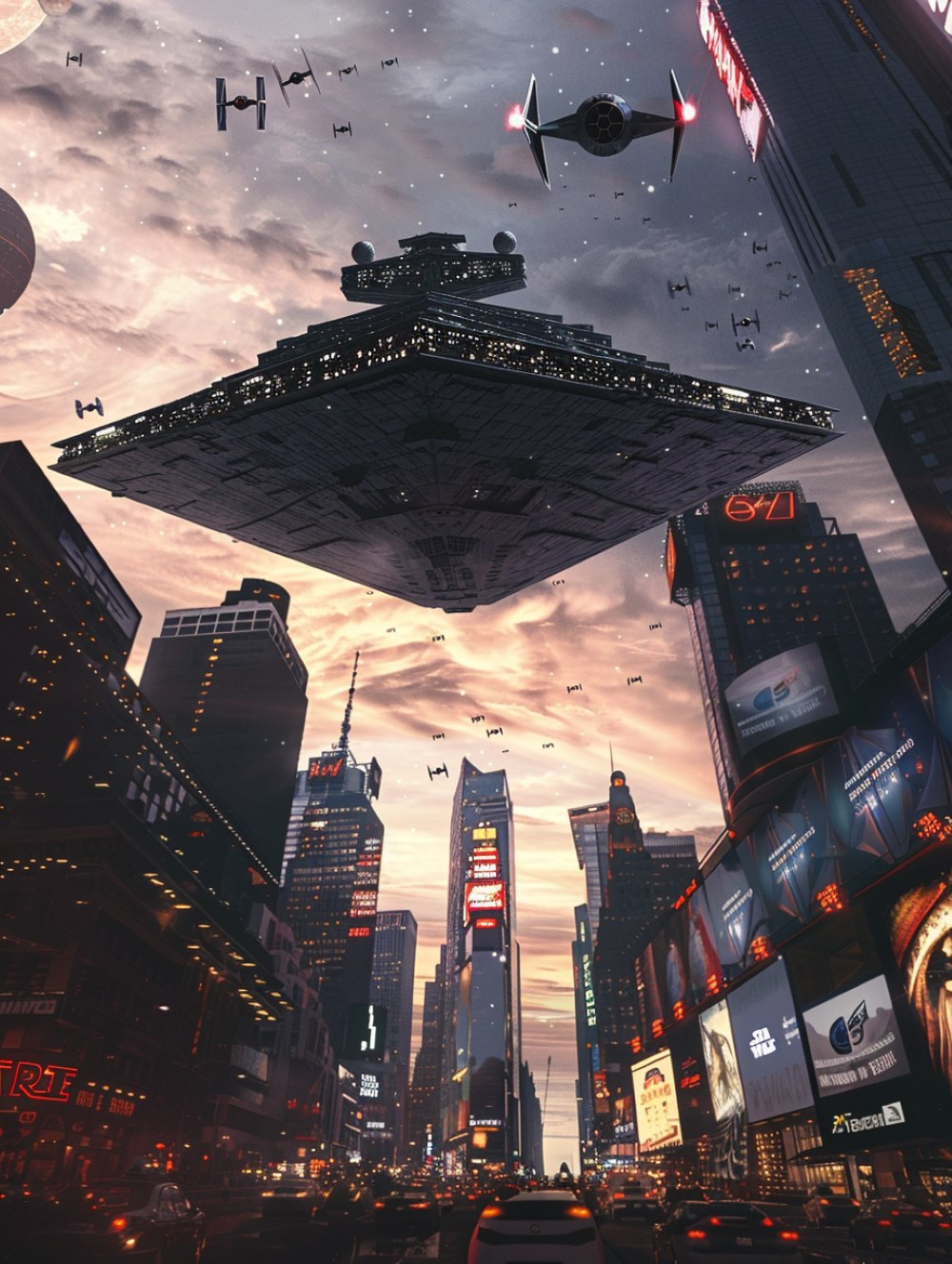 a Star Destroyer flying above the Times Square