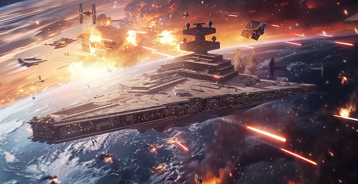 a Star Destroyer is attacked by some space jets