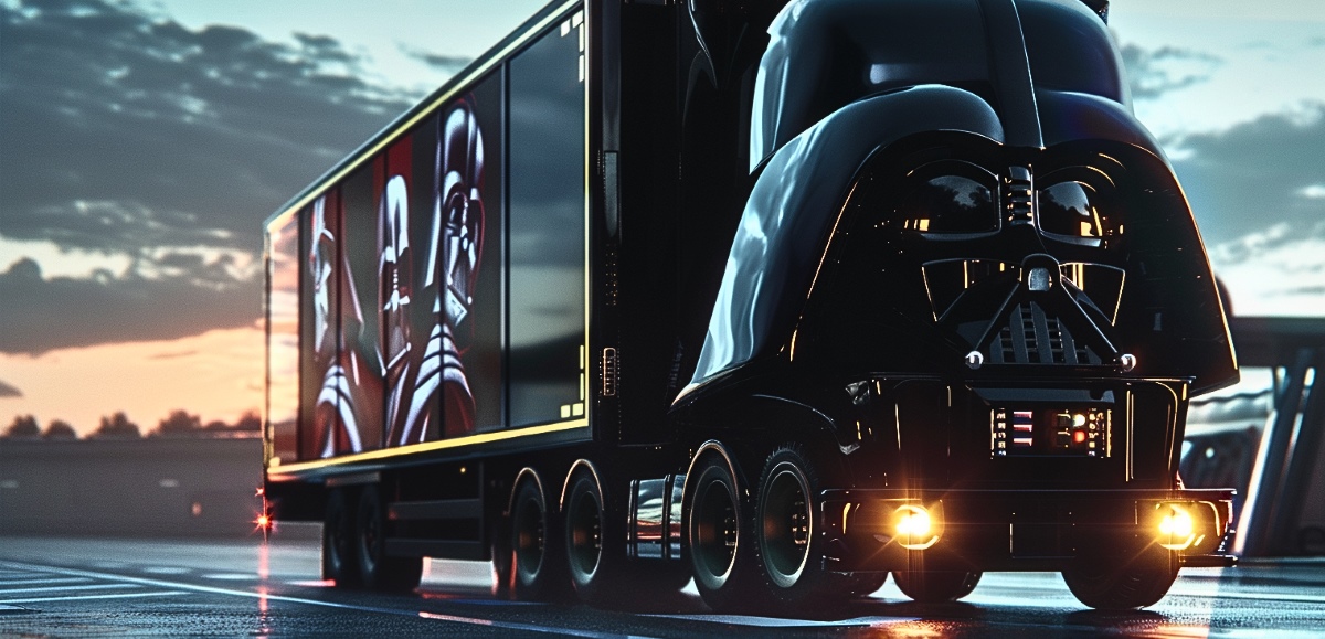 a heavy goods carrier truck with a cabin in a Darth Vader helmet shape