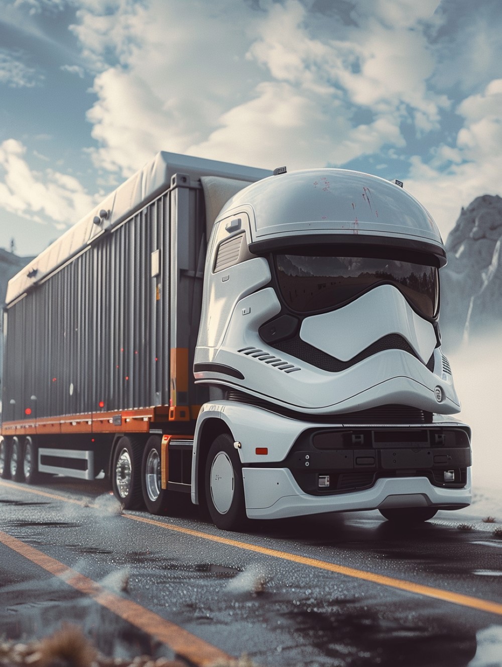 a heavy truck with a Stormtrooper head