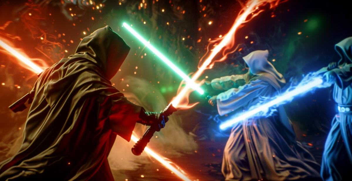 a mysterious Sith Lord is fighting some Jedi knights